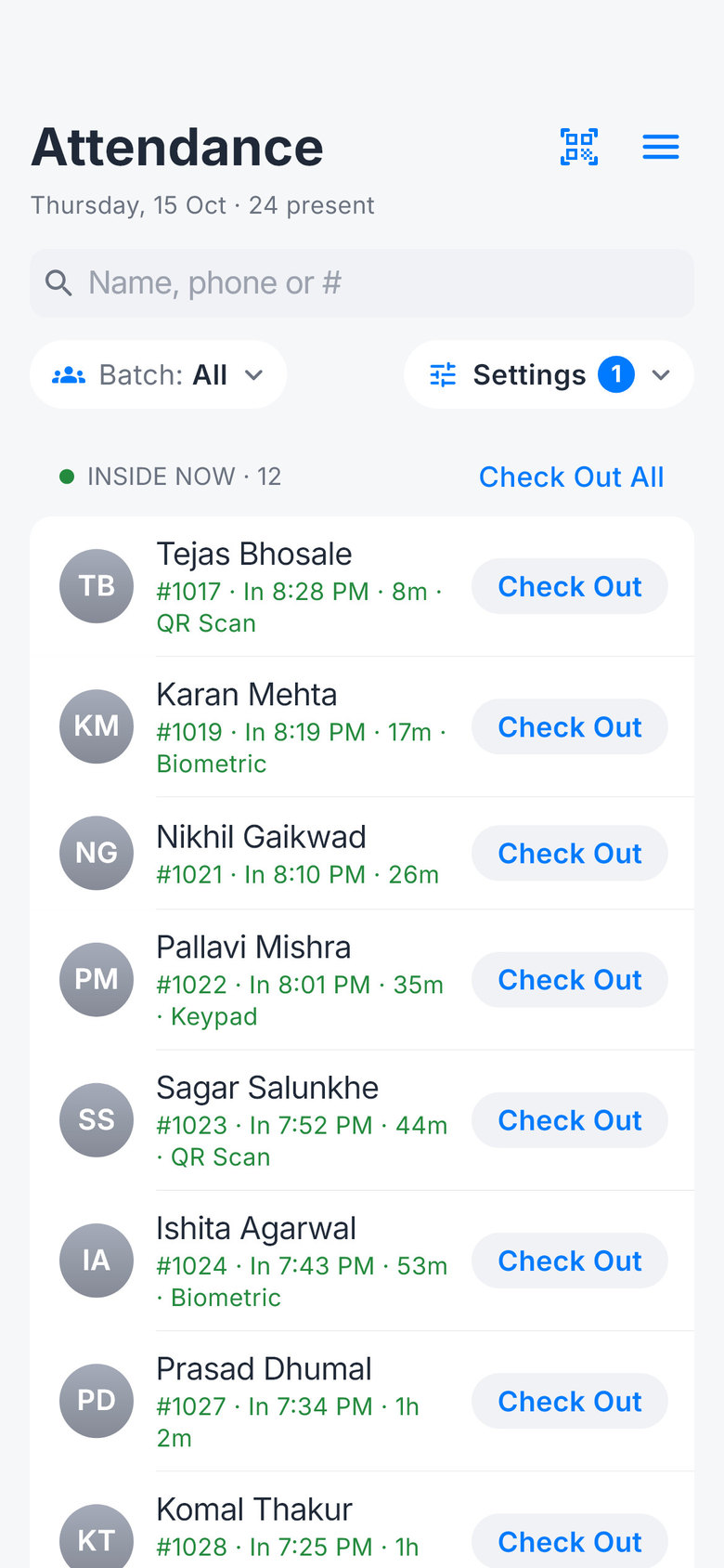 GymNex Attendance screen: members inside now with check-in time and method