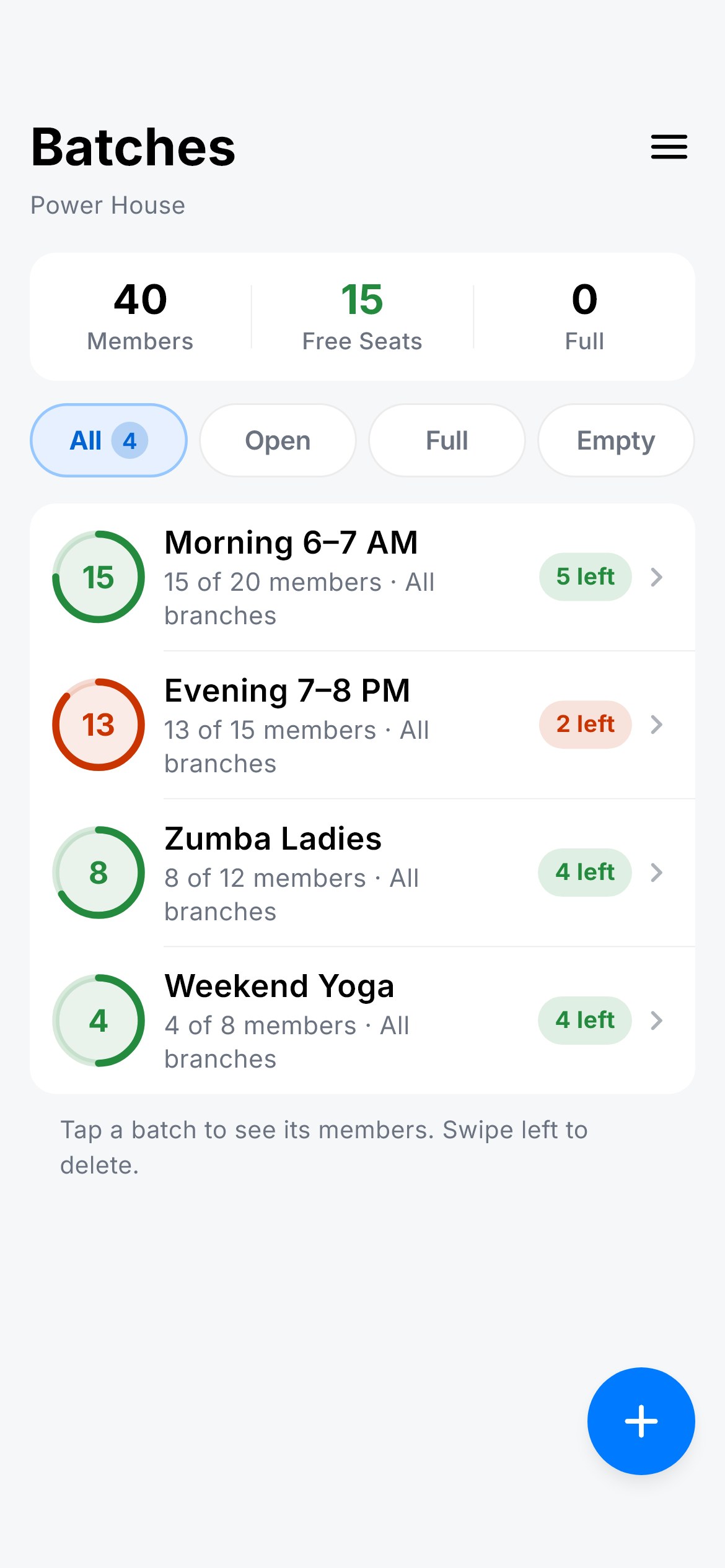 GymNex Batches screen: Morning, Evening, Zumba and Yoga batches with seats filled and seats left