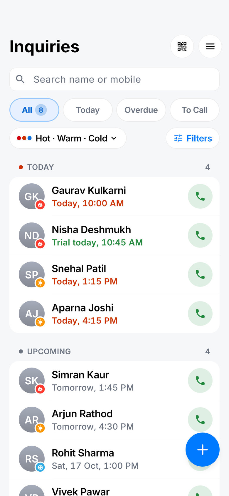 GymNex Inquiries screen with today's follow-ups