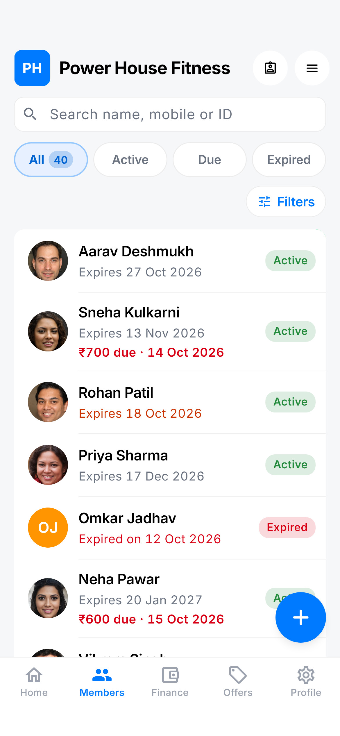 GymNex Members screen on iPhone: search, All Active Due Expired pills and the member list