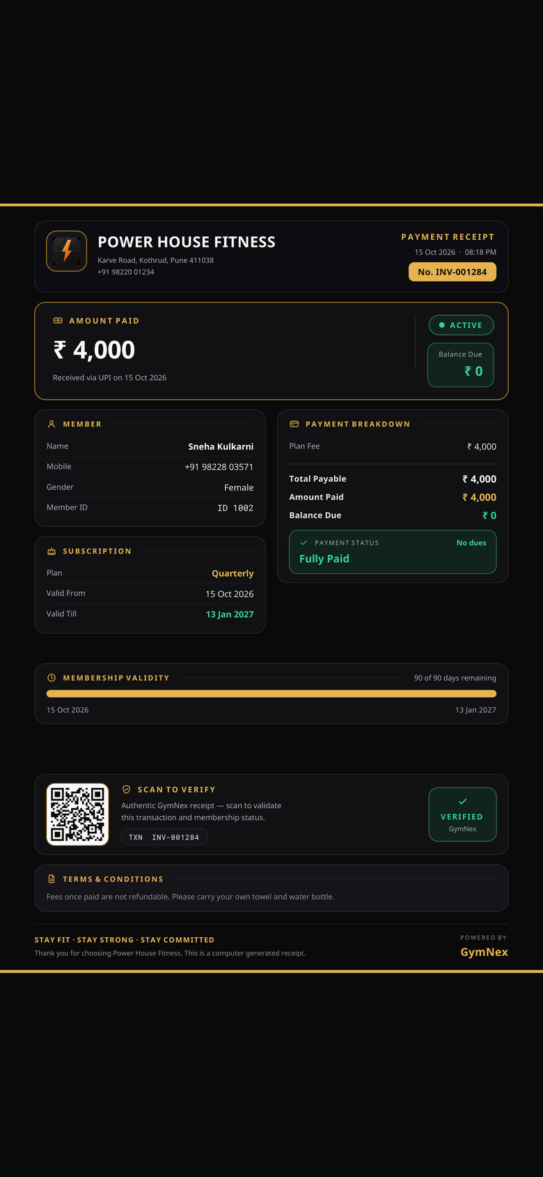 Premium GymNex payment receipt with gym logo and verify QR